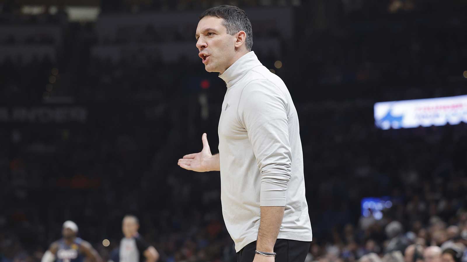 Thunder Head Coach Mark Daigneault yells to his team during a play against the Denver Nuggets during the first quarter at Paycom Center