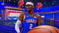 Oklahoma City Thunder star Shai Gilgeous-Alexander with Jeopardy! stage background.