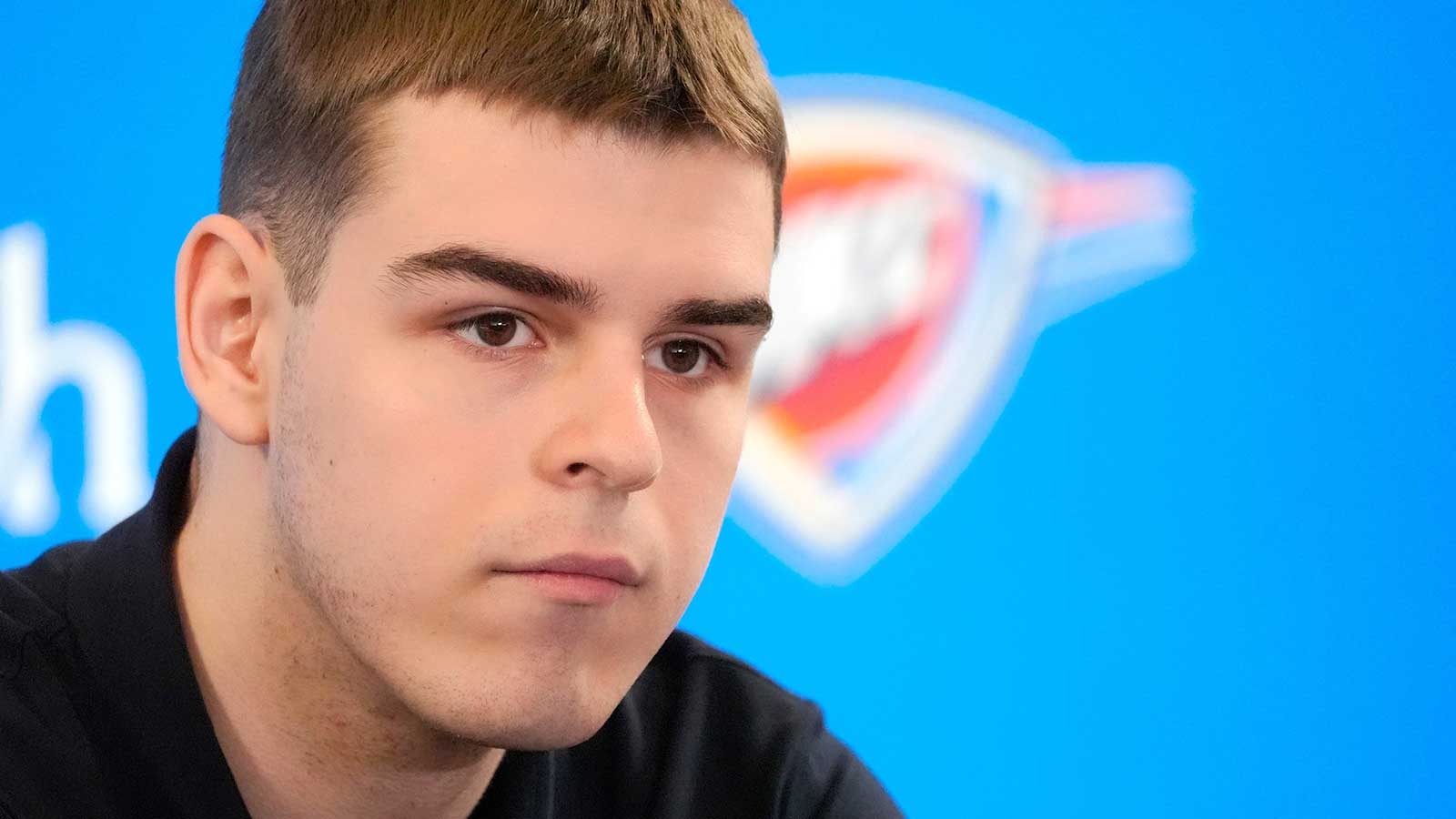 Nikola Topic speaks during an introductory press conference for the 2024 Thunder draft picks at Oklahoma Contemporary Arts Center in Oklahoma City