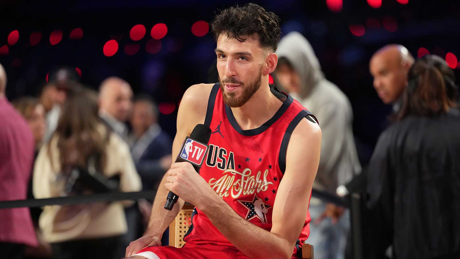 Chet Holmgren (7) of the Oklahoma City Thunder speaks with media after the 75th NBA All Star Game at Intuit Dome