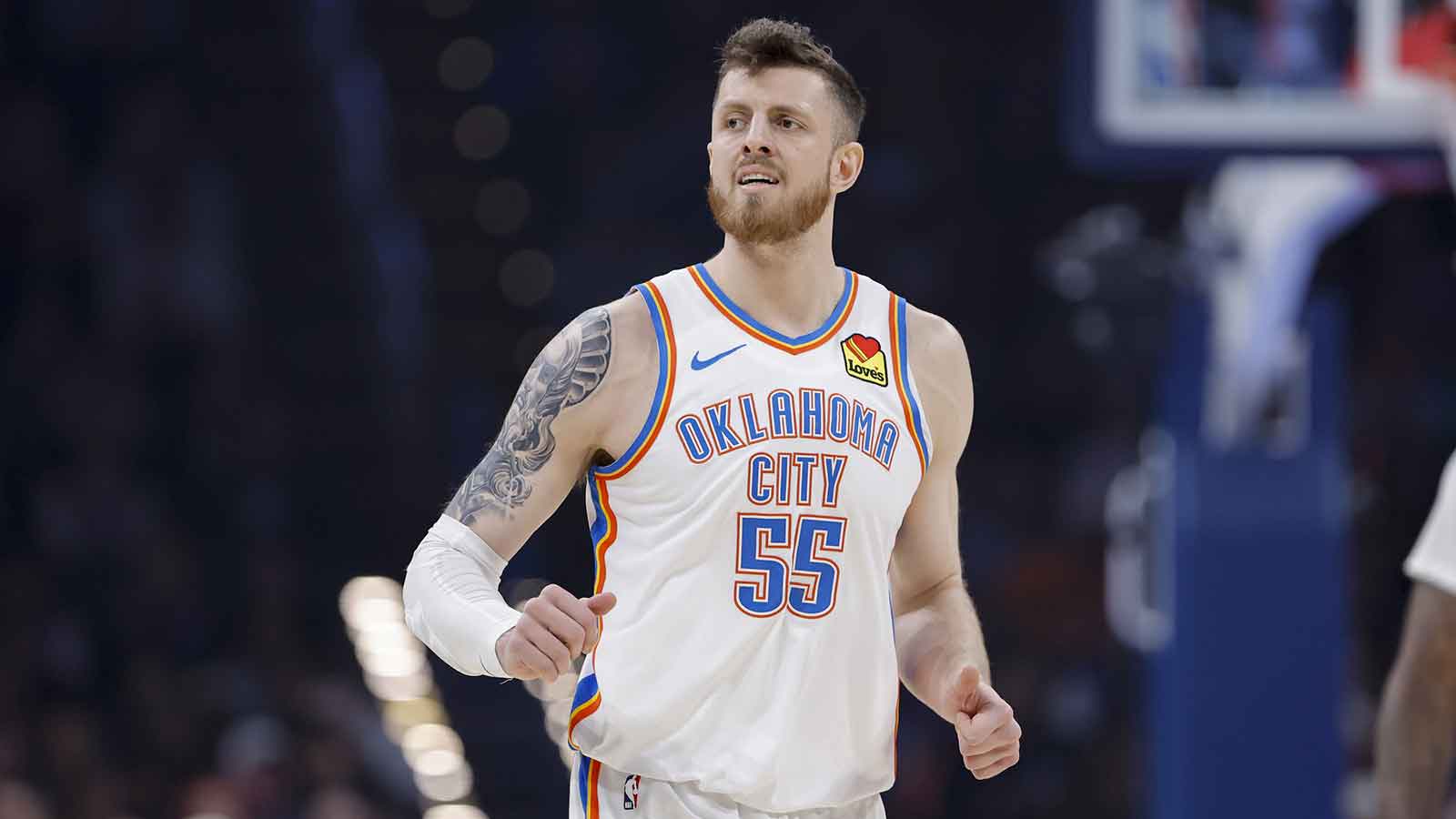 Thunder center Isaiah Hartenstein (55) runs down the court during a play against the Philadelphia 76ers during the first quarter at Paycom Center