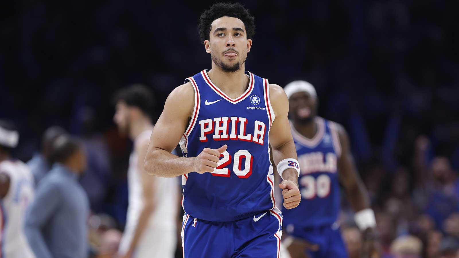 76ers guard Jared McCain (20) runs down the court during a timeout against the Oklahoma City Thunder during the second half at Paycom Center