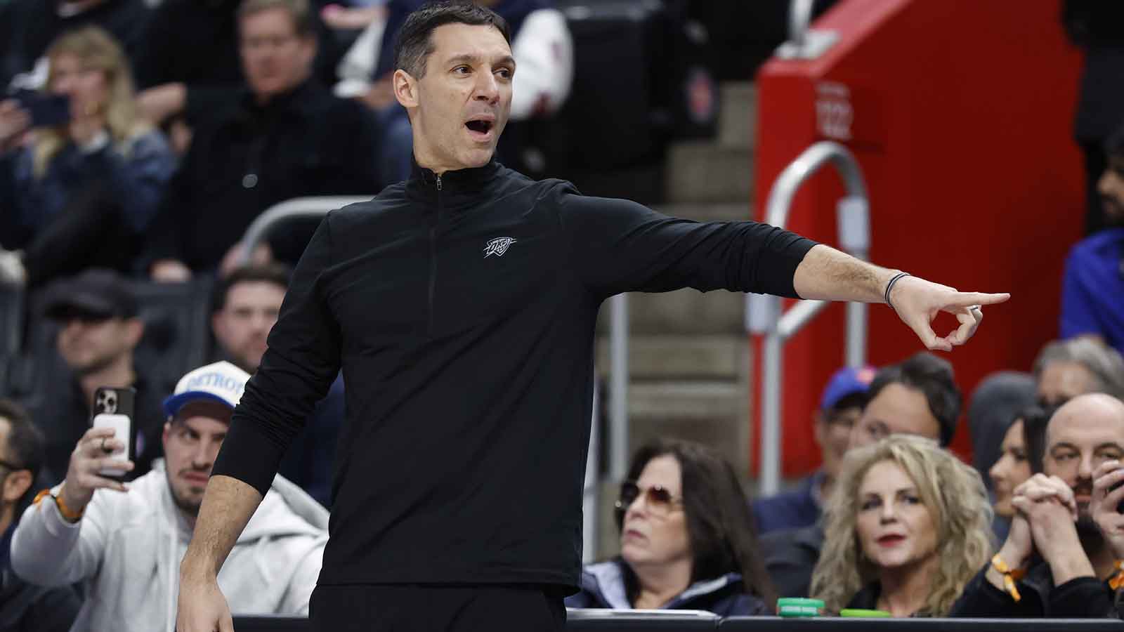 Thunder head coach Mark Daigneault reacts in the first half against the Detroit Pistons at Little Caesars Arena