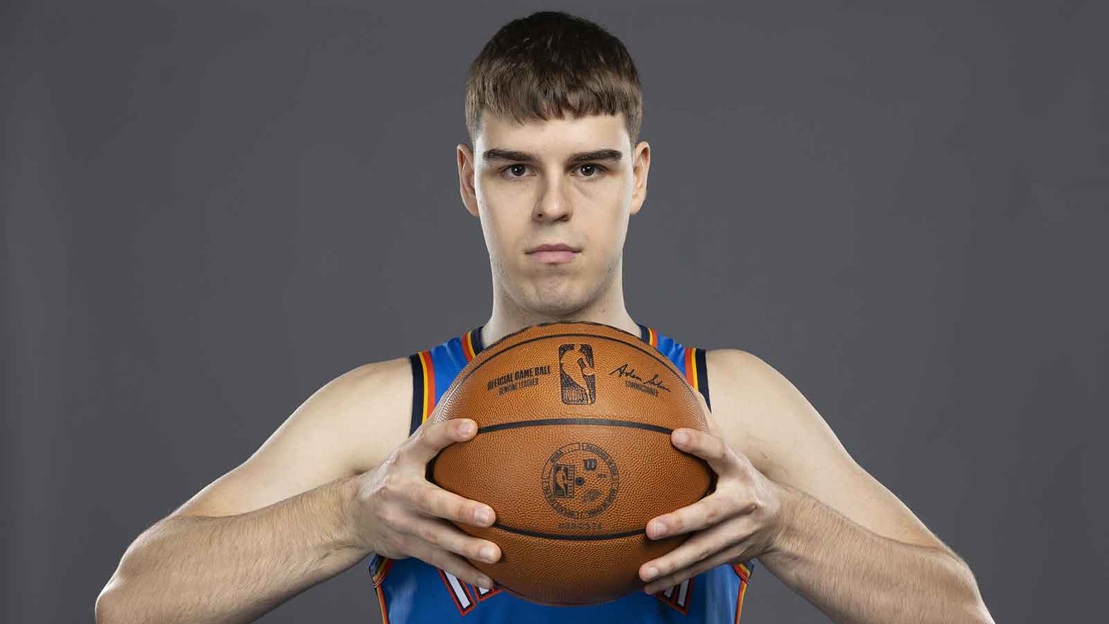 Thunder guard Nikola Topic (44) poses for a photo during the 2025 Oklahoma City Thunder media day at Paycom Center