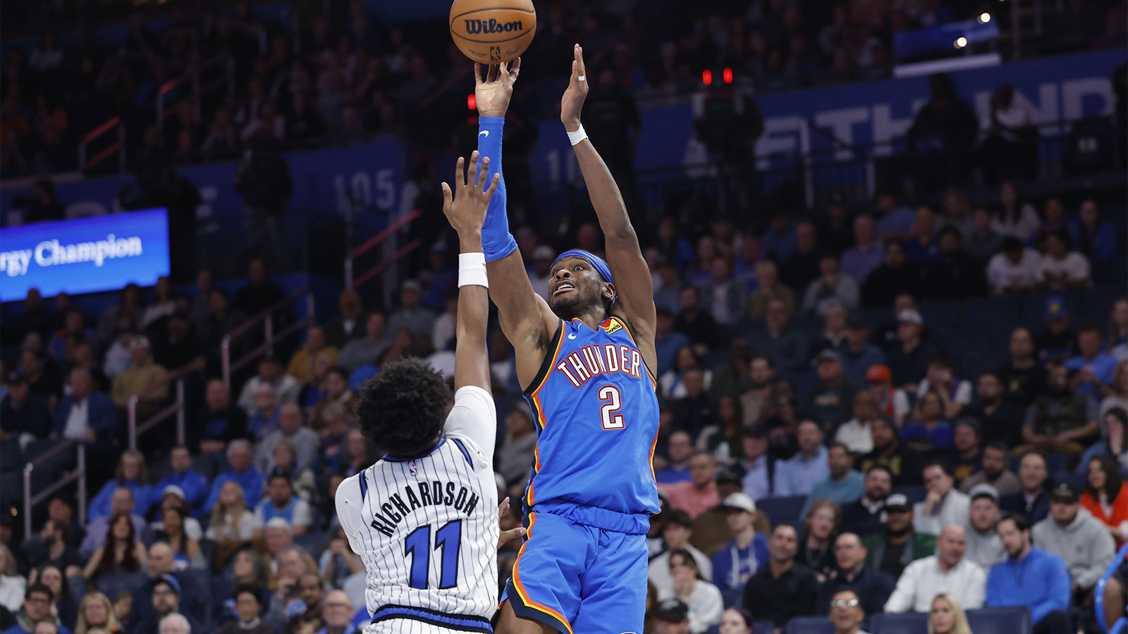 Oklahoma City Thunder guard Shai Gilgeous-Alexander (2) shoots over Orlando Magic guard Jase Richardson (11) during the second half at Paycom Center. 