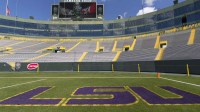 The LSU Tigers logo in the end zone prior to the game against the Wisconsin Badgers at Lambeau Field.