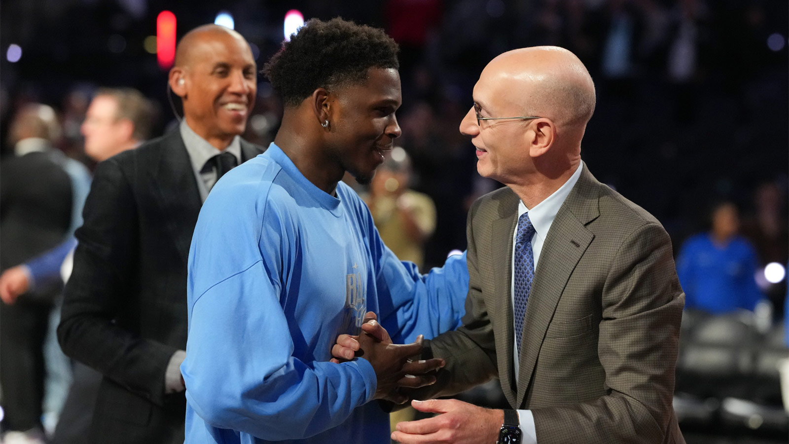 Team USA Stars guard Anthony Edwards (5) of the Minnesota Timberwolves shakes hands with NBA commissioner Adam Silver after the 75th NBA All Star Game at Intuit Dome