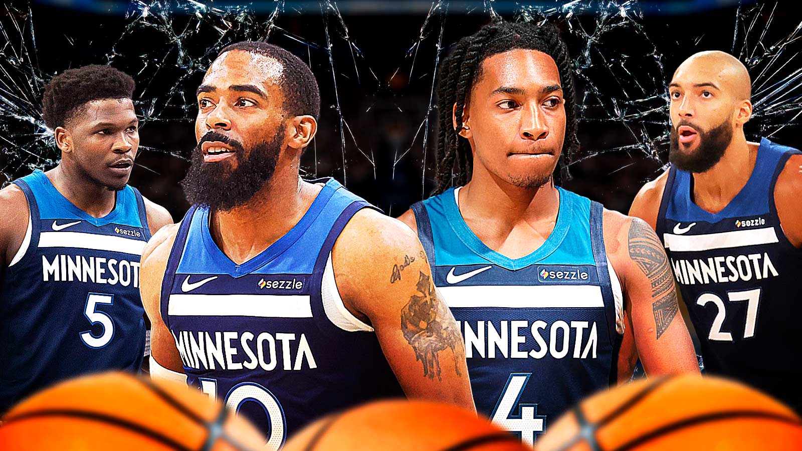 Mike Conley in a Minnesota Timberwolves jersey, Anthony Edwards and Rudy Gobert around him, Broken glass in the background