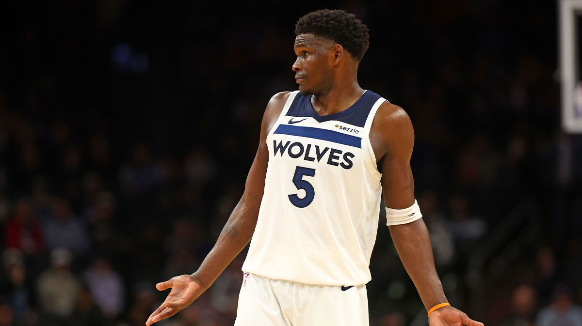Timberwolves guard Anthony Edwards (5) reacts
