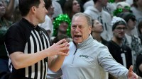 Michigan State Spartans head coach Tom Izzo reacts during the first half against the Ohio State Buckeyes at Jack Breslin Student Events Center.