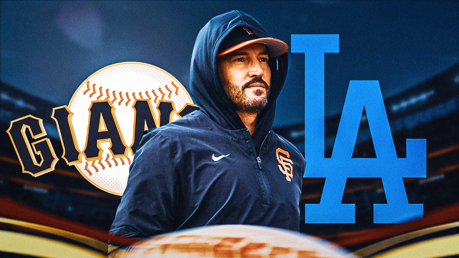 Giants Tony Vitello in San Francisco Giants gear. Place the San Francisco Giants and Los Angeles Dodgers logos in background.