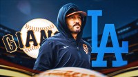 Giants Tony Vitello in San Francisco Giants gear. Place the San Francisco Giants and Los Angeles Dodgers logos in background.