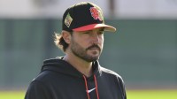 an Francisco Giants manager Tony Vitello looks on during a Spring Training workout at Scottsdale Stadium