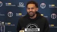 Washington Wizards guard Trae Young (3) meets with the media during his first return to play the Atlanta Hawks at State Farm Arena.