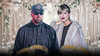 Travis Kelce and Taylor Swift with wedding background.
