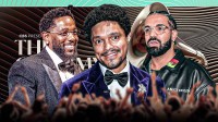 Trevor Noah, Drake, and Kendrick Lamar, background - Grammys 2026