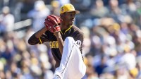 San Diego Padres pitcher Triston McKenzie against the Los Angeles Dodgers during a spring training game at Peoria Sports Complex.