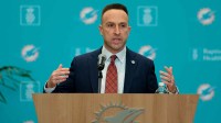 Miami Dolphins head coach Jeff Hafley speaks to reporters during his introductory press conference at Baptist Health Training Complex.