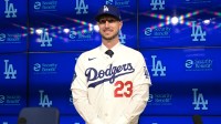 Los Angeles Dodgers right fielder Kyle Tucker (23) is introduced to the media during a press conference at Dodger Stadium.