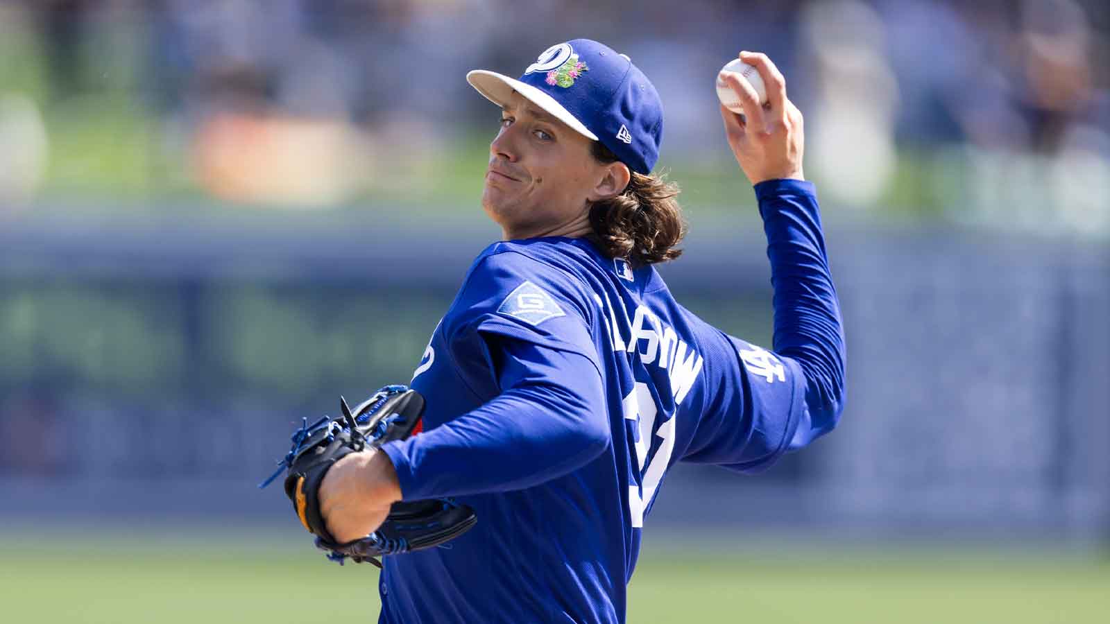 Los Angeles Dodgers pitcher Tyler Glasnow against the Chicago White Sox during a spring training game at Camelback Ranch-Glendale.