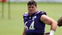 Baltimore Ravens center Tyler Linderbaum (64) looks on during an NFL OTA at Under Armour Performance Center.