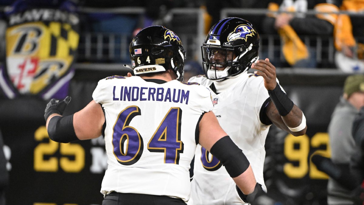 Baltimore Ravens center Tyler Linderbaum (64) and Baltimore Ravens quarterback Lamar Jackson (8) react before the game at Acrisure Stadium