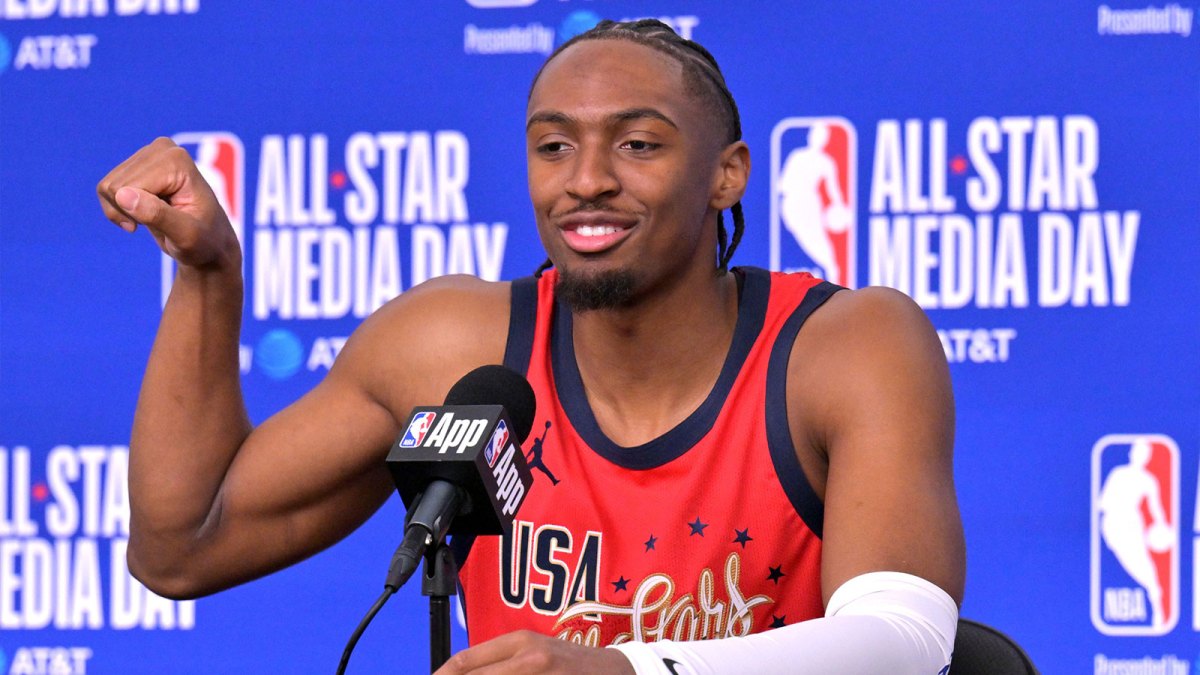 Team USA Stars guard Tyrese Maxey (0) of the Philadelphia 76ers during a news conference for the NBA All Star game at Intuit Dome.