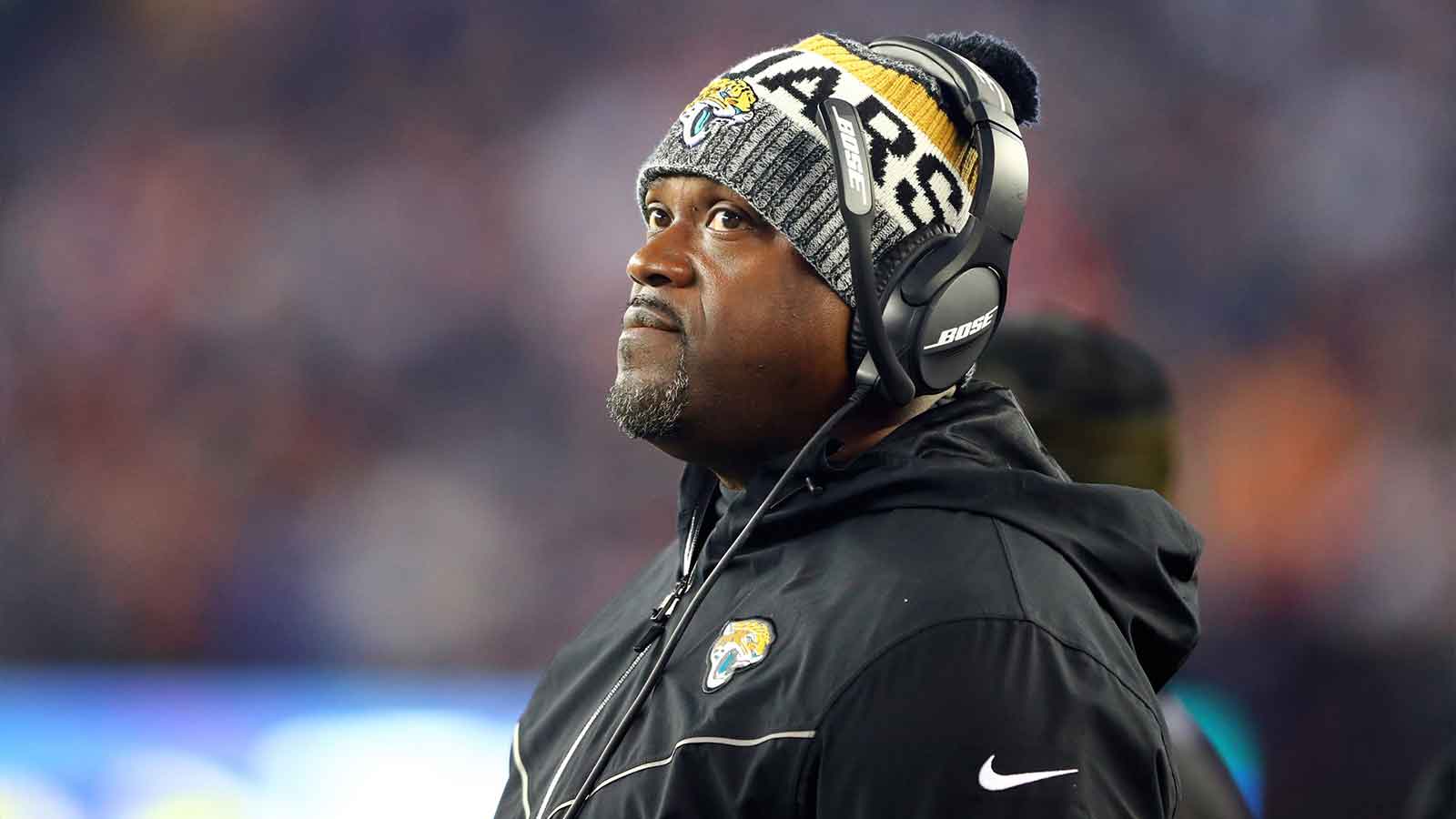 Jan 21, 2018; Foxborough, MA, USA; Jacksonville Jaguars running backs coach Tyrone Wheatley during the AFC Championship Game against the New England Patriots at Gillette Stadium. Mandatory Credit: Mark J. Rebilas-Imagn Images