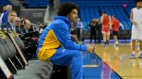 UCLA Bruins guard Skyy Clark (55) looks on from the court prior to the game against the Maryland Terrapins at Pauley Pavilion presented by Wescom Financial.