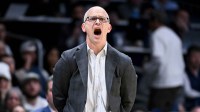 UConn Huskies head coach Dan Hurley instructs his team against the Butler Bulldogs during the first half at Hinkle Fieldhouse