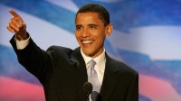 Barack Obama, candidate for the United States Senate from the state of Illinois and convention keynote speaker, addresses the 2004 Democratic National Convention in the FleetCenter in Boston on July 27, 2004.