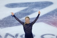 Amber Glenn of the United States reacts after competing in the women's free skate during the Milano Cortina 2026 Olympic Winter Games at Milano Ice Skating Arena.