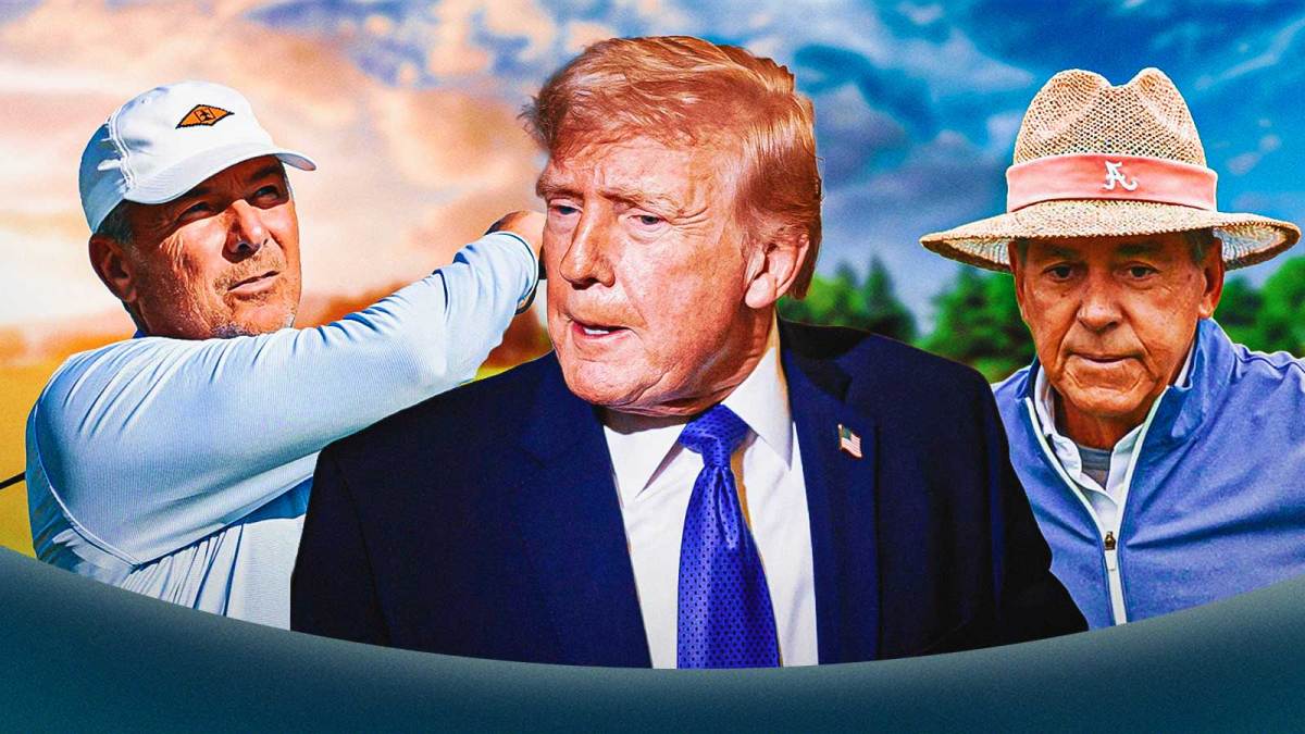 Urban Meyer, Donald Trump, and Nick Saban playing golf