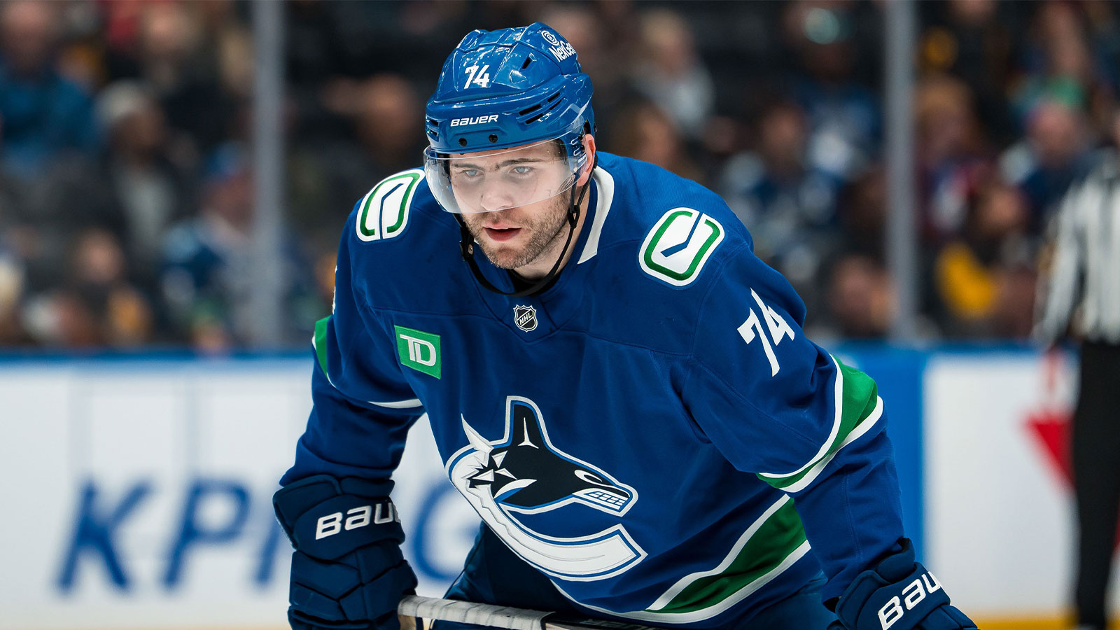 Vancouver Canucks forward Jake DeBrusk (74) during a stop in play against the San Jose Sharks in the second period at Rogers Arena.