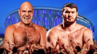 Tyson Fury and Arslanbek Makhmudov; Tottenham Hotspur Stadium in the background