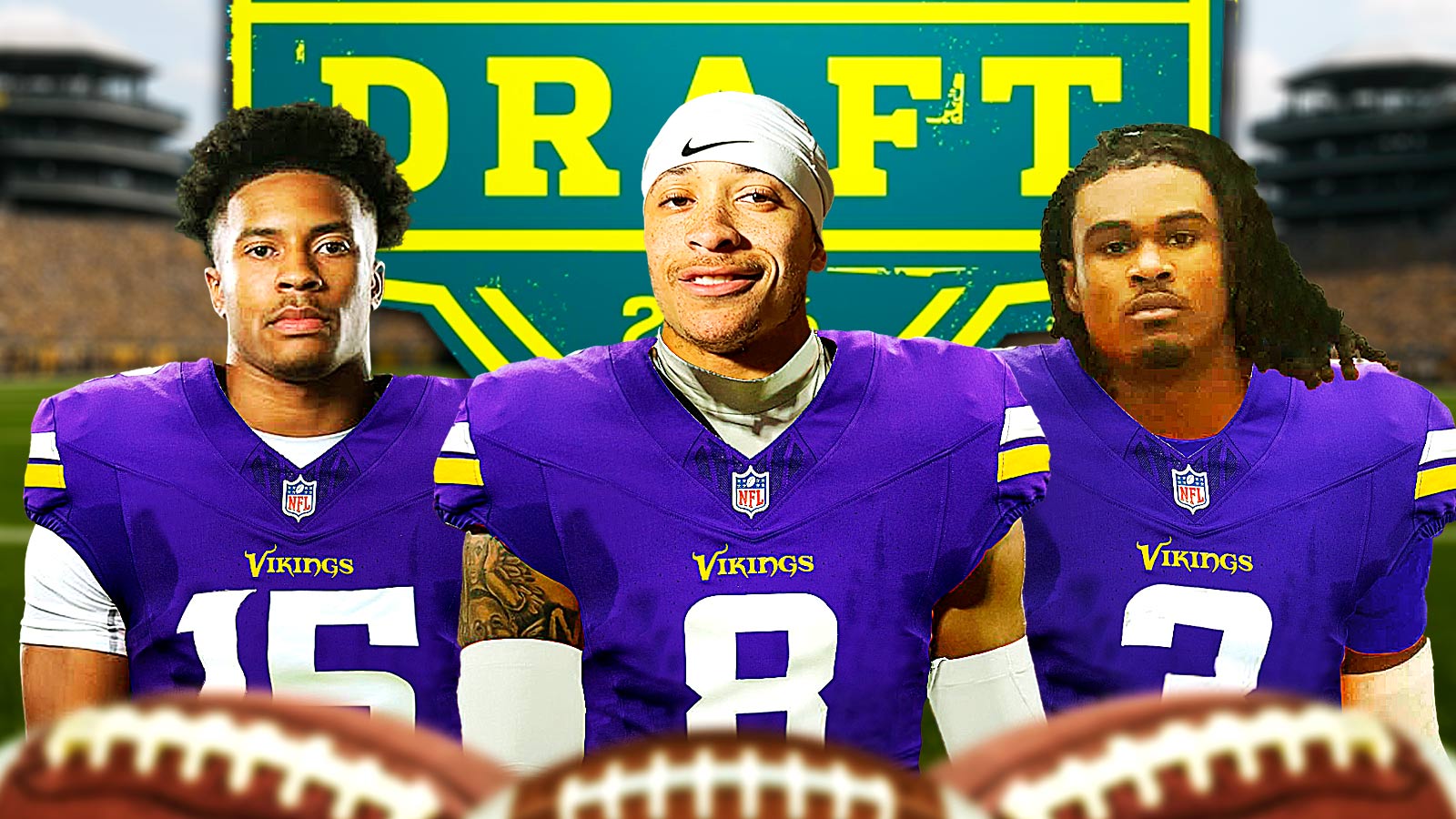 Clemson CB Aveion Terrell, Tennessee CB Jermod McCoy, and South Carolina CB Brandon Cisse all in Minnesota Vikings uniforms. There is also a logo for the 2026 NFL Draft in the background.