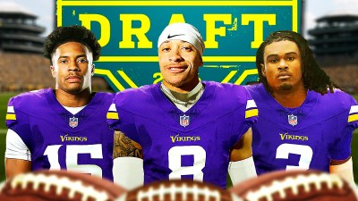 Clemson CB Aveion Terrell, Tennessee CB Jermod McCoy, and South Carolina CB Brandon Cisse all in Minnesota Vikings uniforms. There is also a logo for the 2026 NFL Draft in the background.