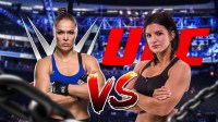 Ronda Rousey & Gina Carano; background - UFC and WWE logo