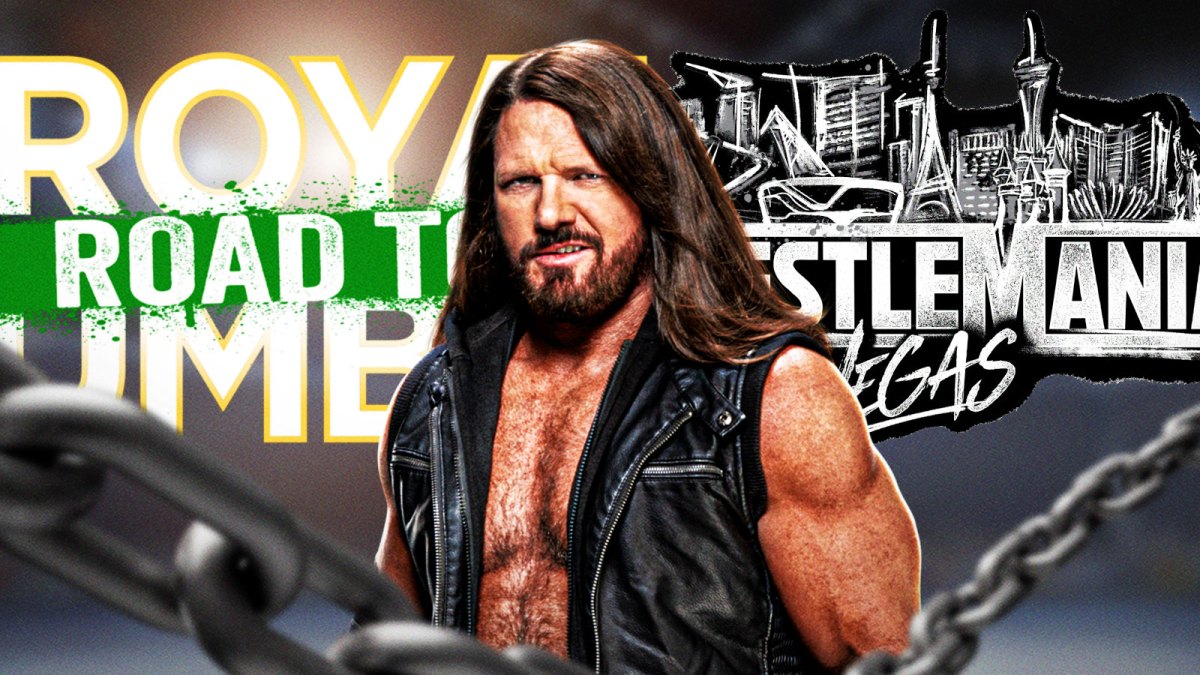 Retired WWE star AJ Styles in between logos for 2026 Royal Rumble and WrestleMania 42.