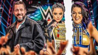 Adam Sandler with WWE tag team Lyra Valkyria and Bayley with a page torn between them.
