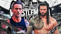 WWE Superstars CM Punk and Roman Reigns with WrestleMania 42 logo and Allegiant Stadium background.