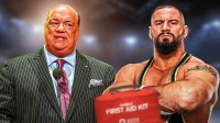 WWE stars Paul Heyman and Bron Breakker, who's out with a hernia injury.