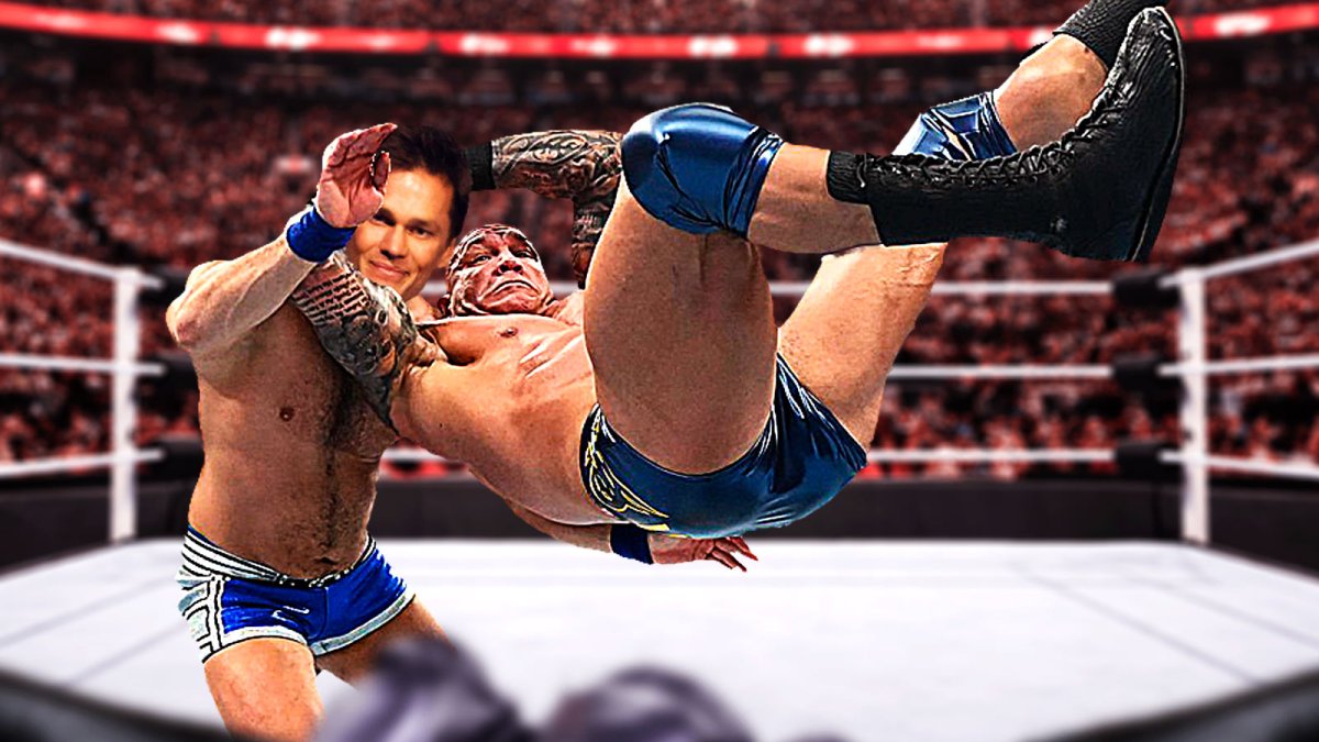 Tom Brady getting an RKO from WWE Superstar Randy Orton.