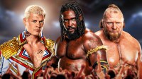 WWE stars Cody Rhodes, Oba Femi, and Brock Lesnar.