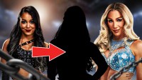 WWE Superstar Roxanne Perez and a silhouette of her to represent her bloody injury, and Charlotte Flair.