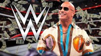 WWE logo and Dwayne The Rock Johnson with money falling around him.