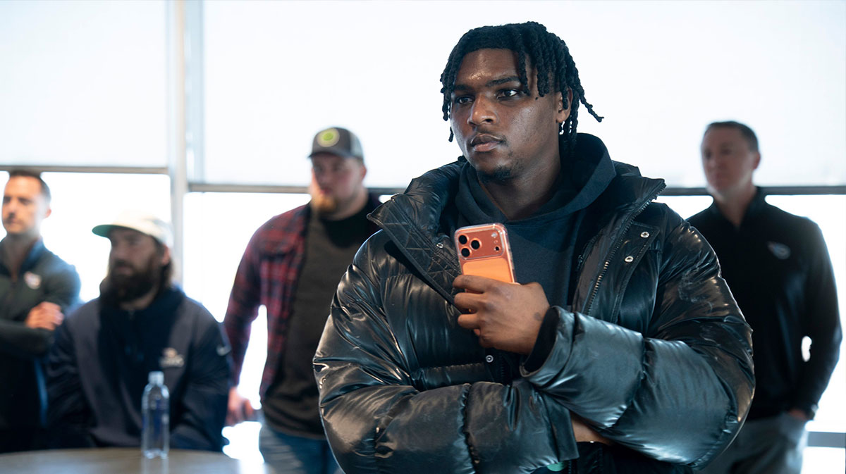 Tennessee Titans quarterback Cam Ward takes in the new head coach Robert Saleh’s introductory press conference at Ascension Saint Thomas Sports Park in Nashville, Tenn., Thursday, Jan. 29, 2026.