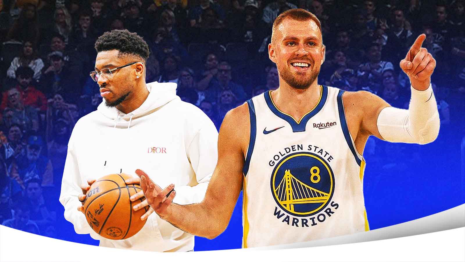 Kristaps Porzingis in Warriors uniform, with Giannis Antetokounmpo (in casual clothes) beside him