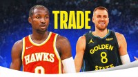 Jonathan Kuminga in a Hawks jersey and Kristaps Porzingis in a Warriors jersey with a swap/trade symbol in between