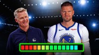 Kristaps Porzingis in a Warriors jersey with a green video game health bar going up and becoming positive with Steve Kerr smiling Steps